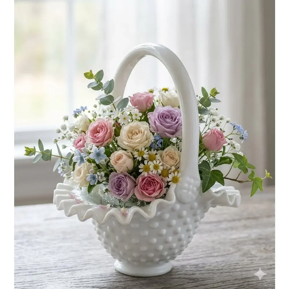 Vintage Granny Chic FENTON Milk Glass Hobnail Cottage Decor Shabby Chic Basket